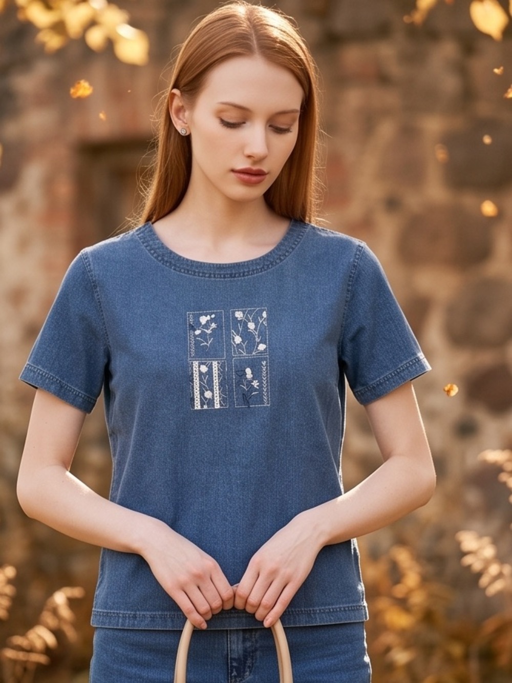 Vintage Susan Bristol Blue Short-Sleeve Tee with Floral Chest Panels Cottagecore